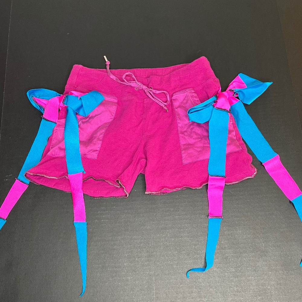 Pink Bow Shorts Size XS Blue Booty Festival Handmade Cotton Fringe Upcycled Y2k